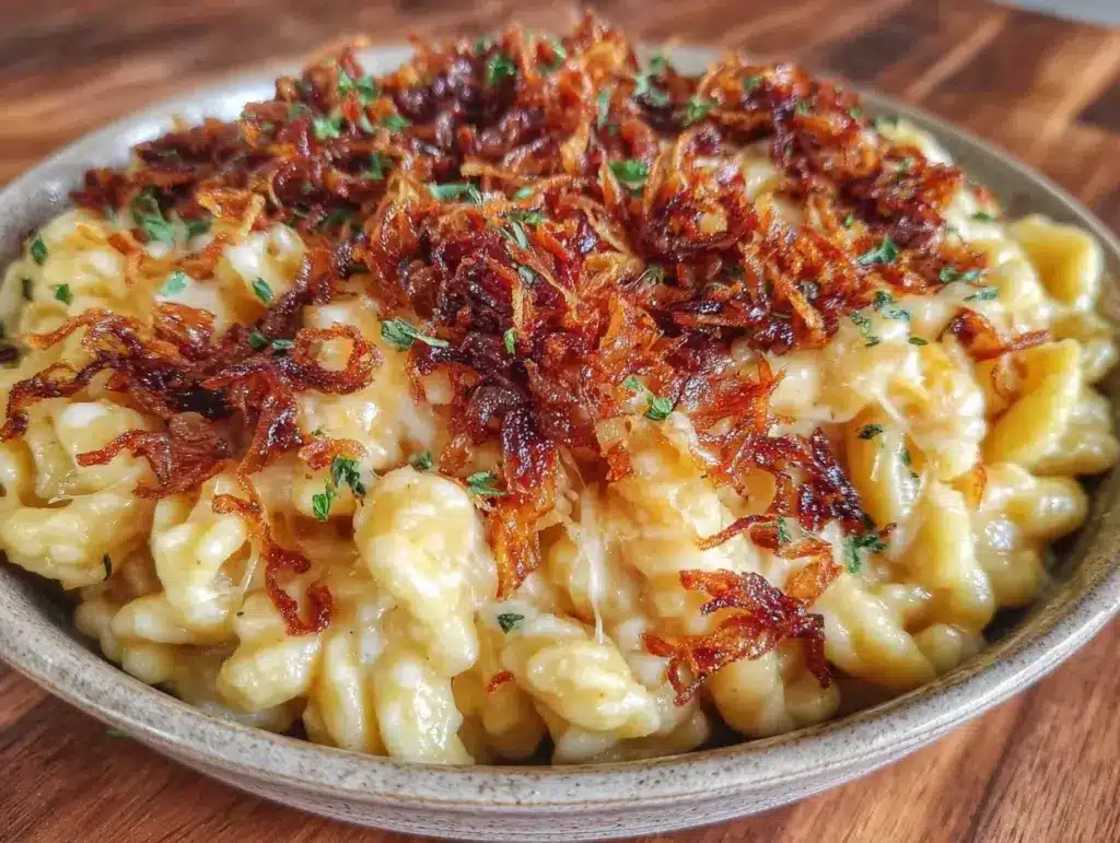 einfaches Käsespätzle Rezept mit Röstzwiebeln - featured image